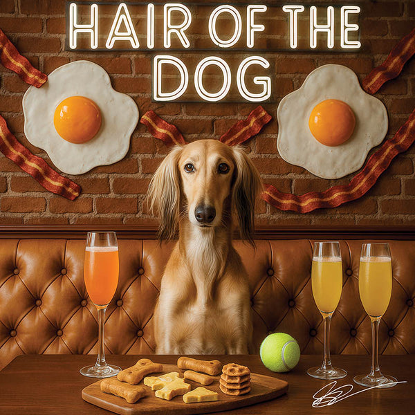 Hair of the Dog Saluki 010 Ruff & Ready Funny Canine Art neon lights, bacon-woven flair, and egg murals