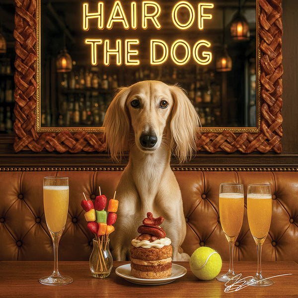 Hair of the Dog Saluki 014 Ruff & Ready Funny Canine Art neon lights, bacon-woven flair, and egg murals