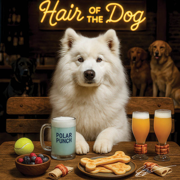 Hair of the Dog Samoyed 005 Ruff & Ready Funny Canine Art neon lights, bacon-woven flair, and egg murals