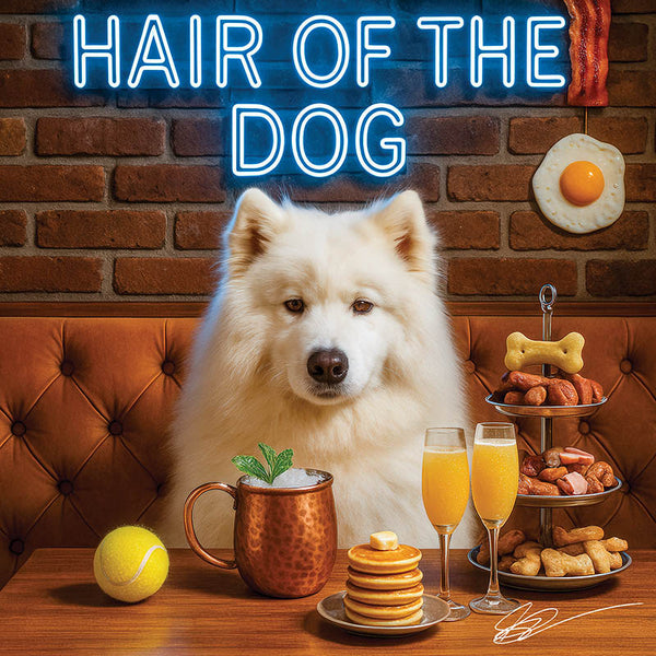 Hair of the Dog Samoyed 006 Ruff & Ready Funny Canine Art neon lights, bacon-woven flair, and egg murals
