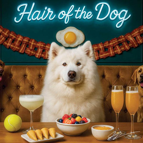 Hair of the Dog Samoyed 007 Ruff & Ready Funny Canine Art neon lights, bacon-woven flair, and egg murals