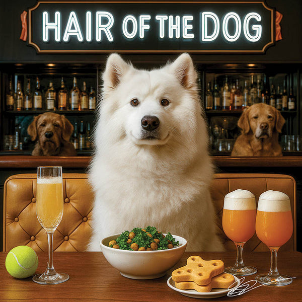 Hair of the Dog Samoyed 011 Ruff & Ready Funny Canine Art neon lights, bacon-woven flair, and egg murals