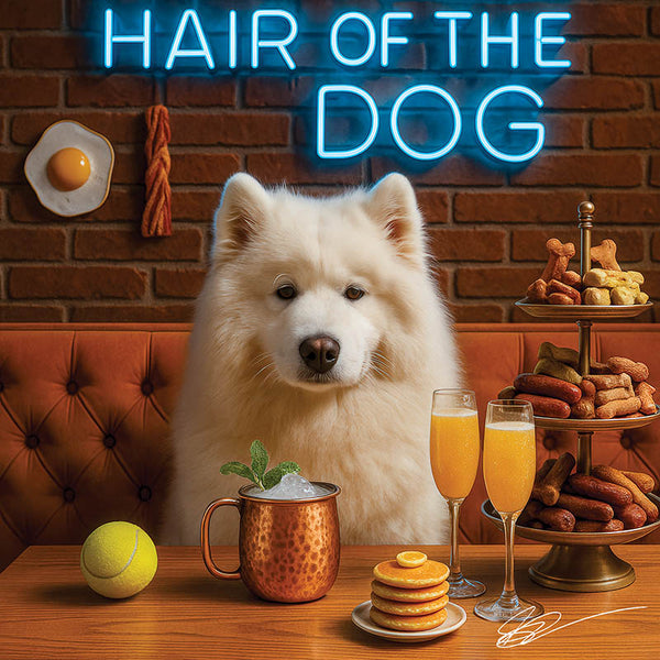 Hair of the Dog Samoyed 013 Ruff & Ready Funny Canine Art neon lights, bacon-woven flair, and egg murals