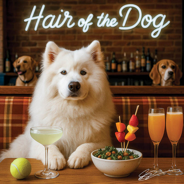 Hair of the Dog Samoyed 014 Ruff & Ready Funny Canine Art neon lights, bacon-woven flair, and egg murals