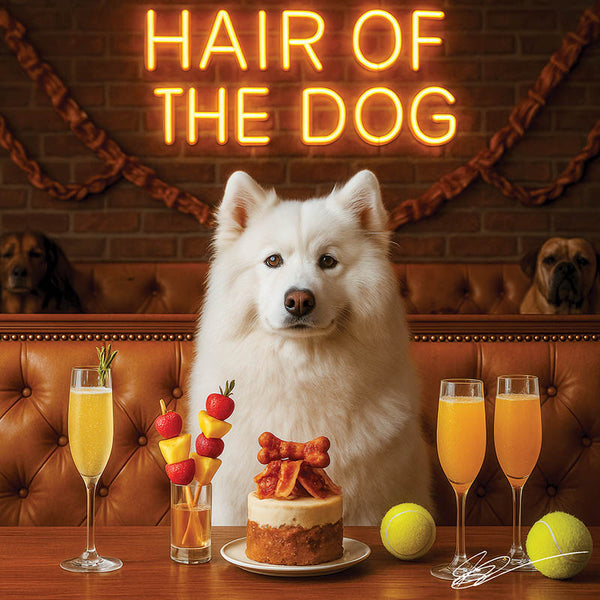 Hair of the Dog Samoyed 017 Ruff & Ready Funny Canine Art neon lights, bacon-woven flair, and egg murals
