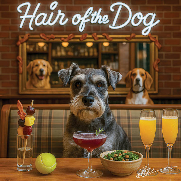 Hair of the Dog Schnauzer 013 Ruff & Ready Funny Canine Art neon lights, bacon-woven flair, and egg murals