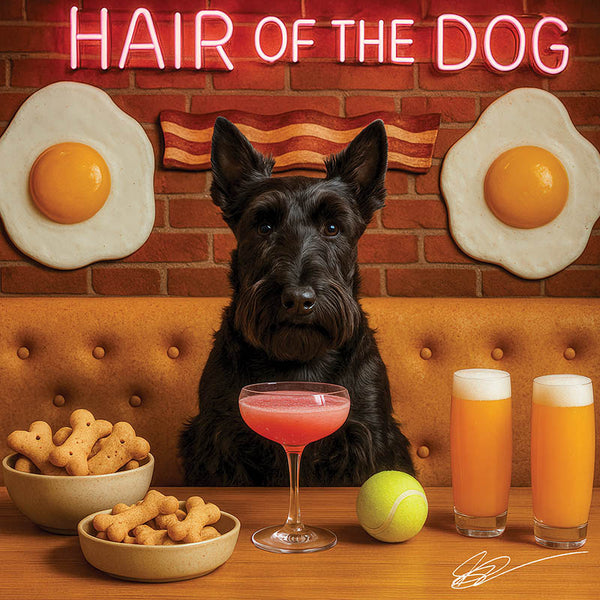 Hair of the Dog Scottish Terrier 006 Ruff & Ready Funny Canine Art neon lights, bacon-woven flair, and egg murals