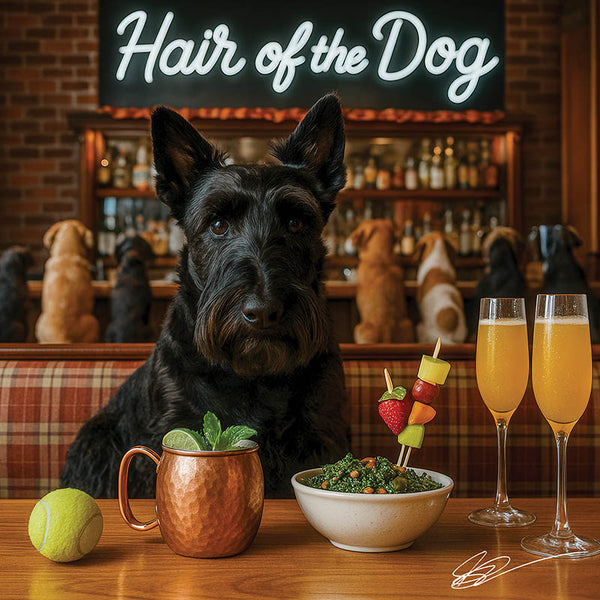 Hair of the Dog Scottish Terrier 012 Ruff & Ready Funny Canine Art neon lights, bacon-woven flair, and egg murals
