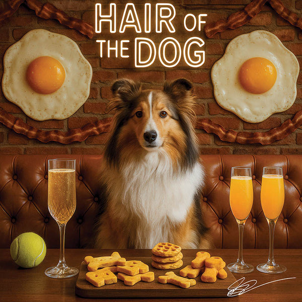 Hair of the Dog Shetland Sheepdog 002 Ruff & Ready Funny Canine Art neon lights, bacon-woven flair, and egg murals