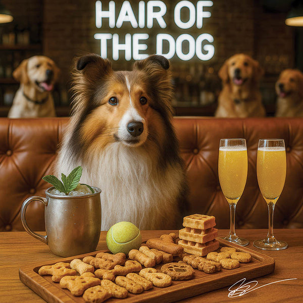 Hair of the Dog Shetland Sheepdog 006 Ruff & Ready Funny Canine Art neon lights, bacon-woven flair, and egg murals
