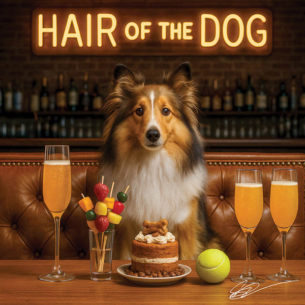 Hair of the Dog Shetland Sheepdog 014 Ruff & Ready Funny Canine Art neon lights, bacon-woven flair, and egg murals