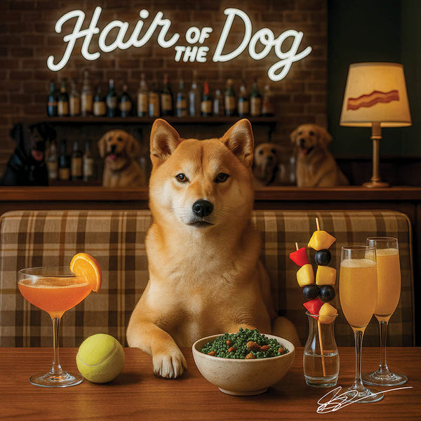 Hair of the Dog Shiba Inu 001 Ruff & Ready Funny Canine Art neon lights, bacon-woven flair, and egg murals