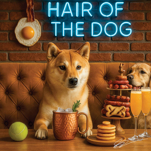 Hair of the Dog Shiba Inu 011 Ruff & Ready Funny Canine Art neon lights, bacon-woven flair, and egg murals