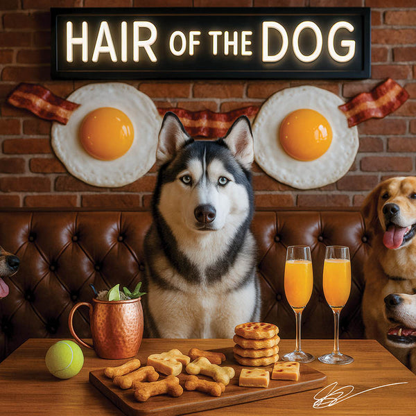 Hair of the Dog Siberian Husky 001 Ruff & Ready Funny Canine Art neon lights, bacon-woven flair, and egg murals