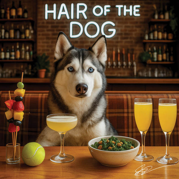 Hair of the Dog Siberian Husky 002 Ruff & Ready Funny Canine Art neon lights, bacon-woven flair, and egg murals