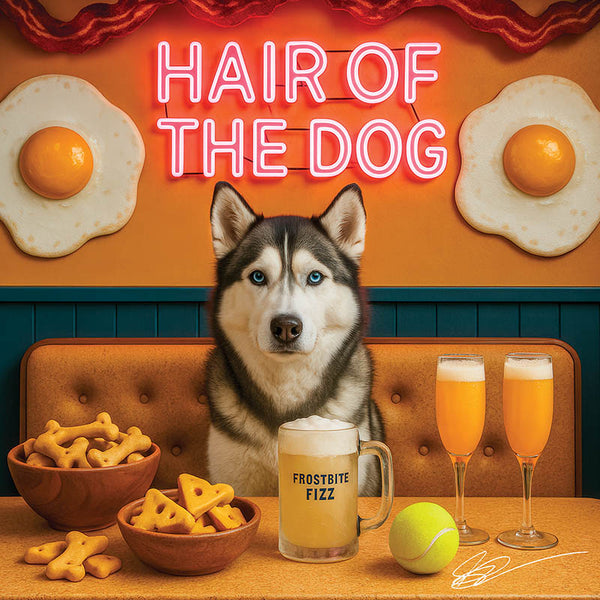 Hair of the Dog Siberian Husky 010 Ruff & Ready Funny Canine Art neon lights, bacon-woven flair, and egg murals
