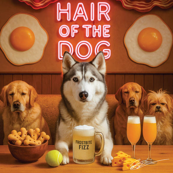 Hair of the Dog Siberian Husky 011 Ruff & Ready Funny Canine Art neon lights, bacon-woven flair, and egg murals