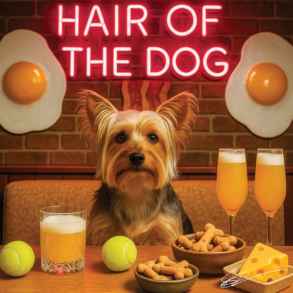 Hair of the Dog Silky Terrier 001 Ruff & Ready Funny Canine Art neon lights, bacon-woven flair, and egg murals