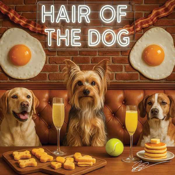 Hair of the Dog Silky Terrier 002 Ruff & Ready Funny Canine Art neon lights, bacon-woven flair, and egg murals