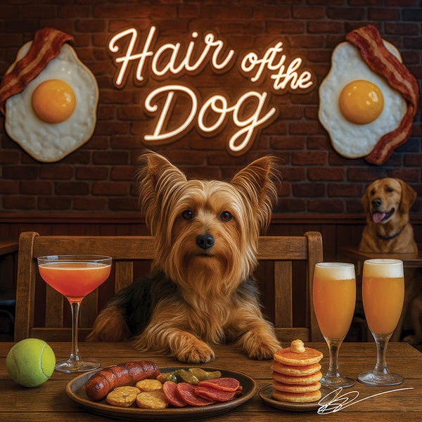 Hair of the Dog Silky Terrier 009 Ruff & Ready Funny Canine Art neon lights, bacon-woven flair, and egg murals