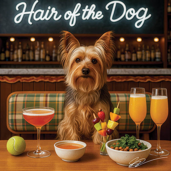 Hair of the Dog Silky Terrier 010 Ruff & Ready Funny Canine Art neon lights, bacon-woven flair, and egg murals