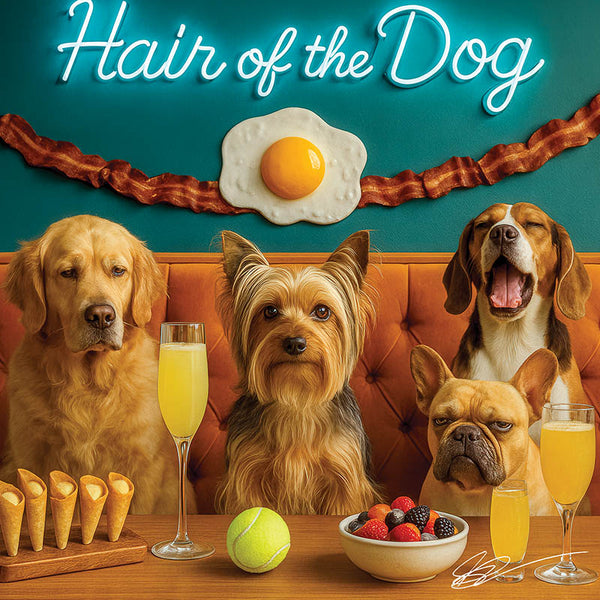 Hair of the Dog Silky Terrier 015 Ruff & Ready Funny Canine Art neon lights, bacon-woven flair, and egg murals