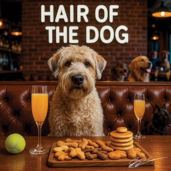 Hair of the Dog Soft Coated Wheaten Terrier 003 Ruff & Ready Funny Canine Art neon lights, bacon-woven flair, and egg murals
