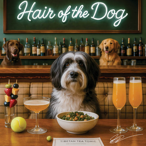 Hair of the Dog Tibetan Terrier 005 Ruff & Ready Funny Canine Art neon lights, bacon-woven flair, and egg murals