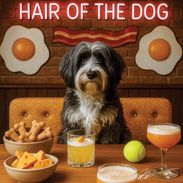 Hair of the Dog Tibetan Terrier 006 Ruff & Ready Funny Canine Art neon lights, bacon-woven flair, and egg murals