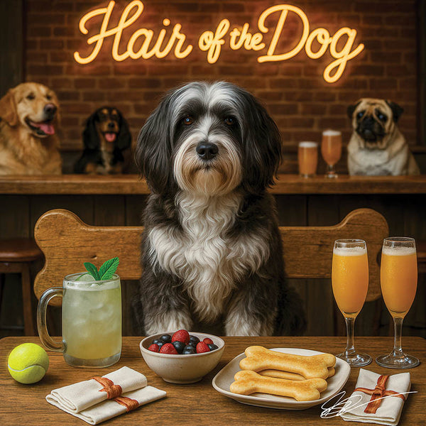 Hair of the Dog Tibetan Terrier 007 Ruff & Ready Funny Canine Art neon lights, bacon-woven flair, and egg murals