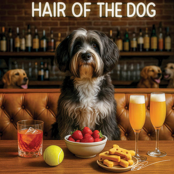 Hair of the Dog Tibetan Terrier 015 Ruff & Ready Funny Canine Art neon lights, bacon-woven flair, and egg murals