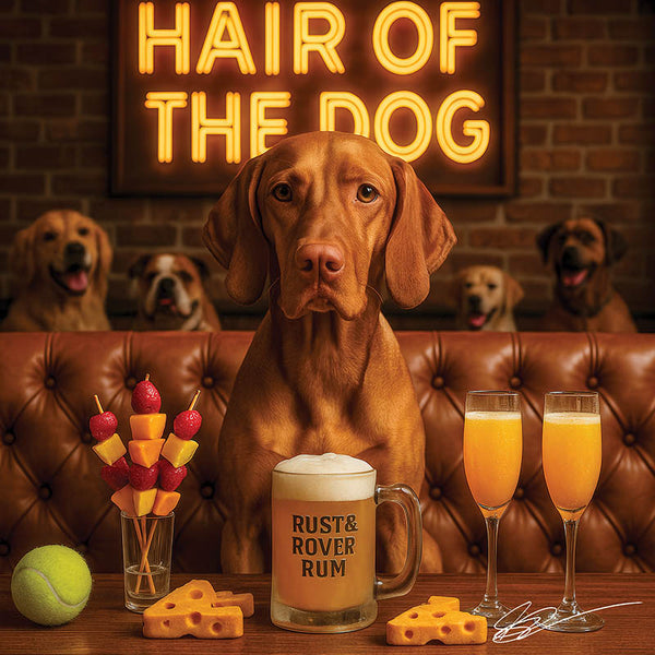 Hair of the Dog Vizsla 007 Ruff & Ready Funny Canine Art neon lights, bacon-woven flair, and egg murals