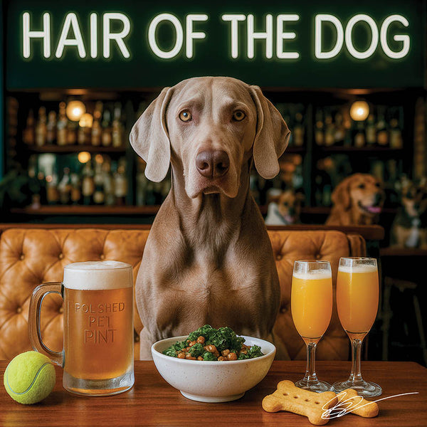 Hair of the Dog Weimaraner 007 Ruff & Ready Funny Canine Art neon lights, bacon-woven flair, and egg murals