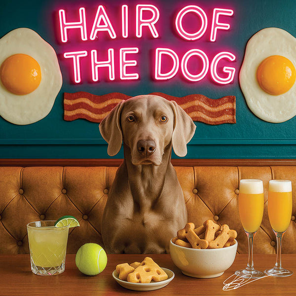 Hair of the Dog Weimaraner 008 Ruff & Ready Funny Canine Art neon lights, bacon-woven flair, and egg murals