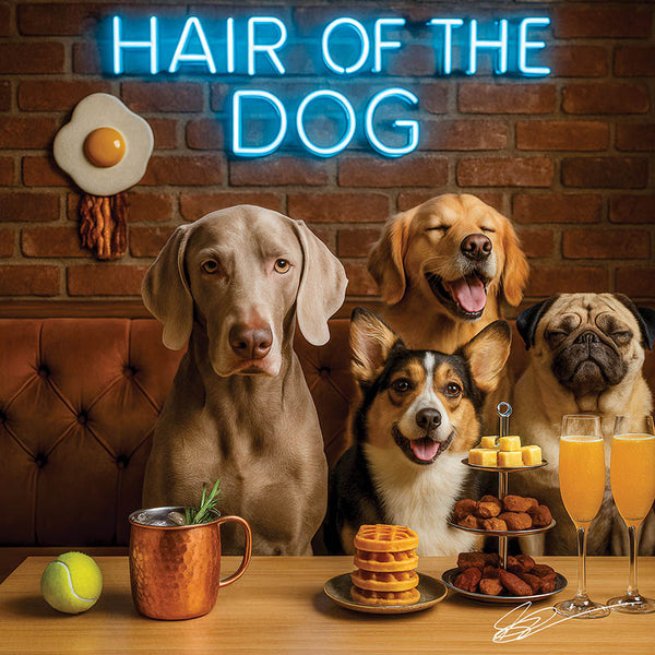 Hair of the Dog Weimaraner 009 Ruff & Ready Funny Canine Art neon lights, bacon-woven flair, and egg murals