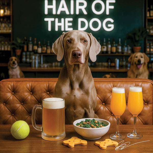 Hair of the Dog Weimaraner 011 Ruff & Ready Funny Canine Art neon lights, bacon-woven flair, and egg murals
