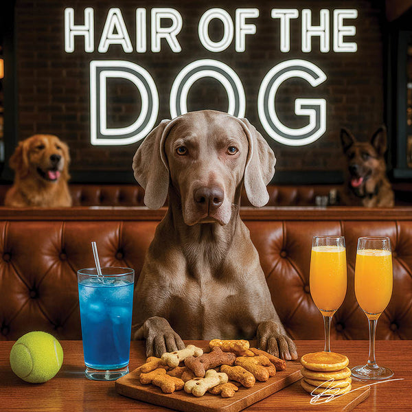 Hair of the Dog Weimaraner 013 Ruff & Ready Funny Canine Art neon lights, bacon-woven flair, and egg murals