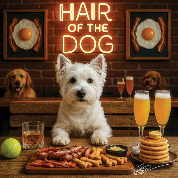 Hair of the Dog West Highland Terrier 012 Ruff & Ready Funny Canine Art neon lights, bacon-woven flair, and egg murals
