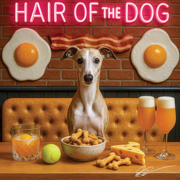 Hair of the Dog Whippet 003 Ruff & Ready Funny Canine Art neon lights, bacon-woven flair, and egg murals