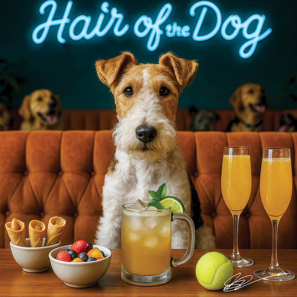 Hair of the Dog Wire Fox Terrier 003 Ruff & Ready Funny Canine Art neon lights, bacon-woven flair, and egg murals
