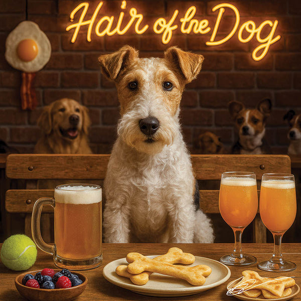 Hair of the Dog Wire Fox Terrier 007 Ruff & Ready Funny Canine Art neon lights, bacon-woven flair, and egg murals