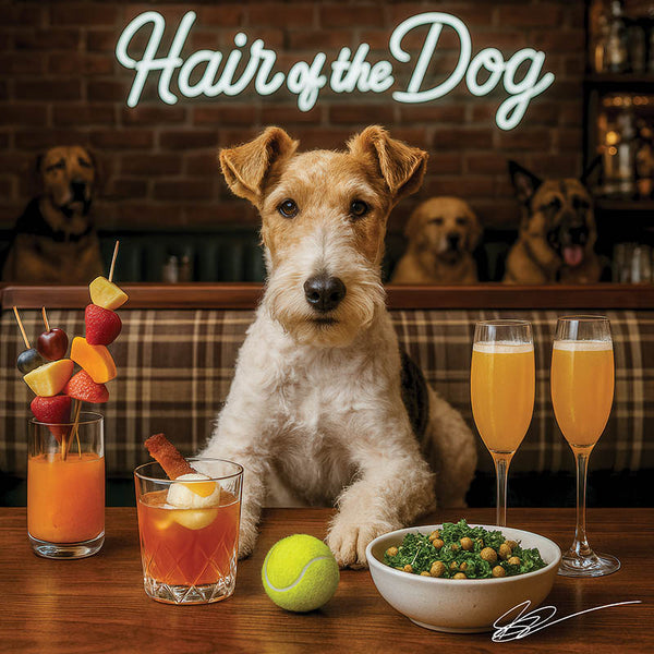Hair of the Dog Wire Fox Terrier 008 Ruff & Ready Funny Canine Art neon lights, bacon-woven flair, and egg murals