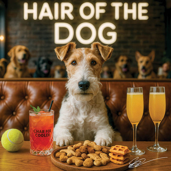 Hair of the Dog Wire Fox Terrier 012 Ruff & Ready Funny Canine Art neon lights, bacon-woven flair, and egg murals