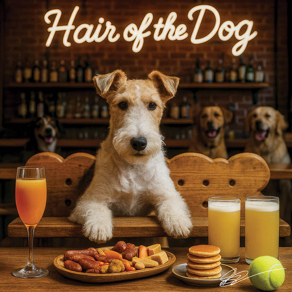 Hair of the Dog Wire Fox Terrier 015 Ruff & Ready Funny Canine Art neon lights, bacon-woven flair, and egg murals