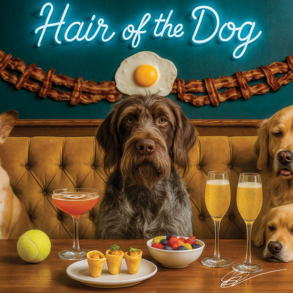 Hair of the Dog Wirehaired Pointing Griffon 006 Ruff & Ready Funny Canine Art neon lights, bacon-woven flair, and egg murals