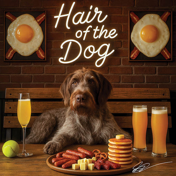Hair of the Dog Wirehaired Pointing Griffon 008 Ruff & Ready Funny Canine Art neon lights, bacon-woven flair, and egg murals