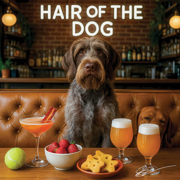 Hair of the Dog Wirehaired Pointing Griffon 011 Ruff & Ready Funny Canine Art neon lights, bacon-woven flair, and egg murals