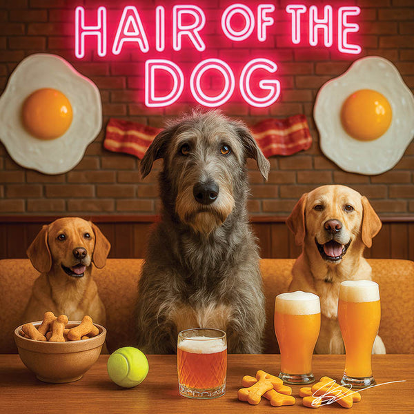 Hair of the Dog Wolfhound 004 Ruff & Ready Funny Canine Art neon lights, bacon-woven flair, and egg murals