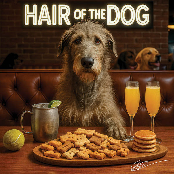 Hair of the Dog Wolfhound 005 Ruff & Ready Funny Canine Art neon lights, bacon-woven flair, and egg murals