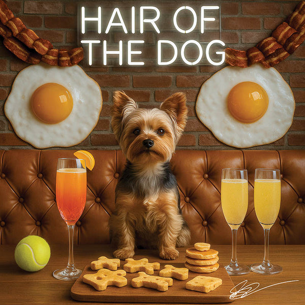 Hair of the Dog Yorkshire Terrier 004 Ruff & Ready Funny Canine Art neon lights, bacon-woven flair, and egg murals